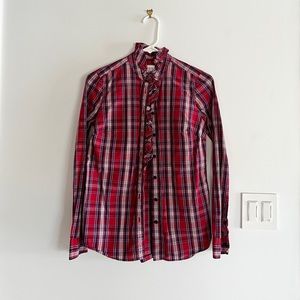 Gap Women’s Red Blue Tartan Plaid Button Up Shirt Sz XS Ruffle Collar